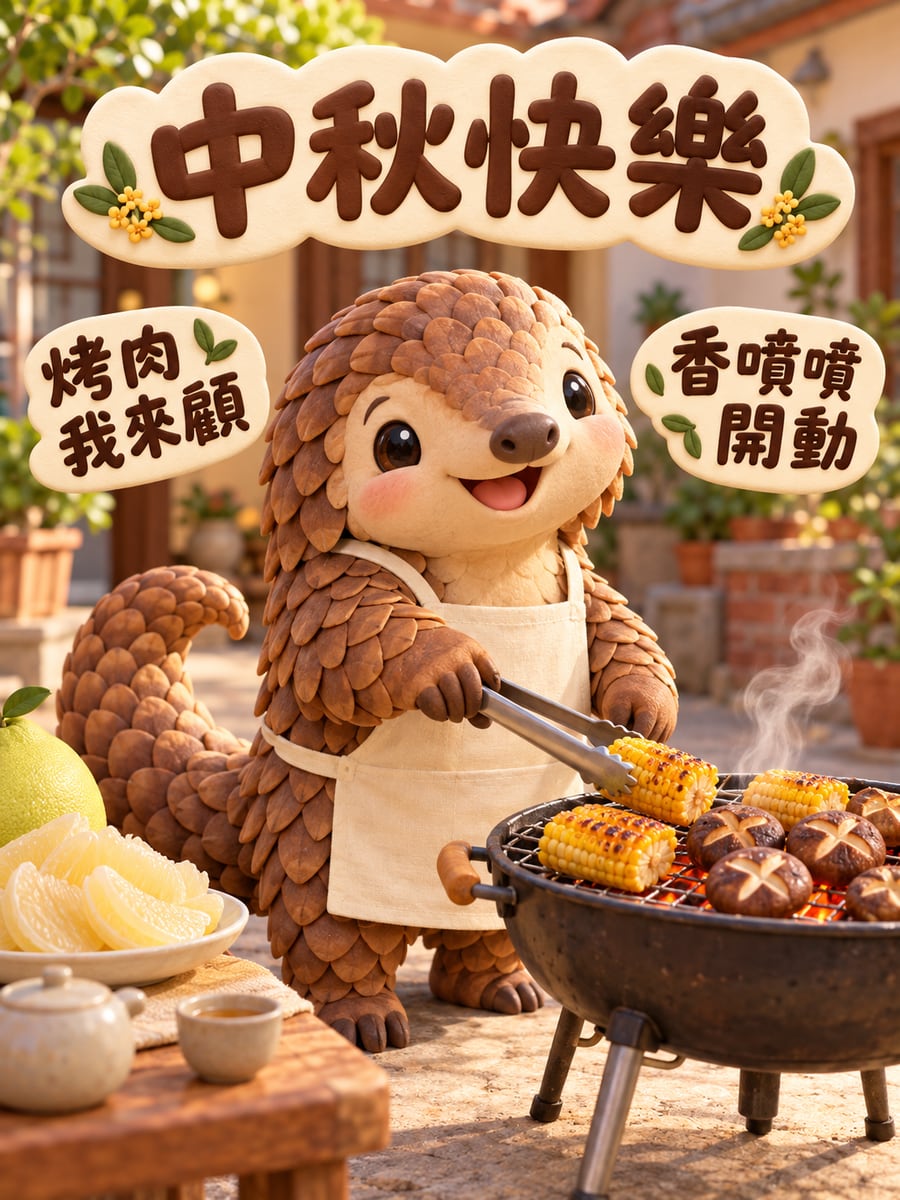 穿山甲烤肉大廚。圖中文字：中秋快樂，烤肉我來顧，香噴噴開動