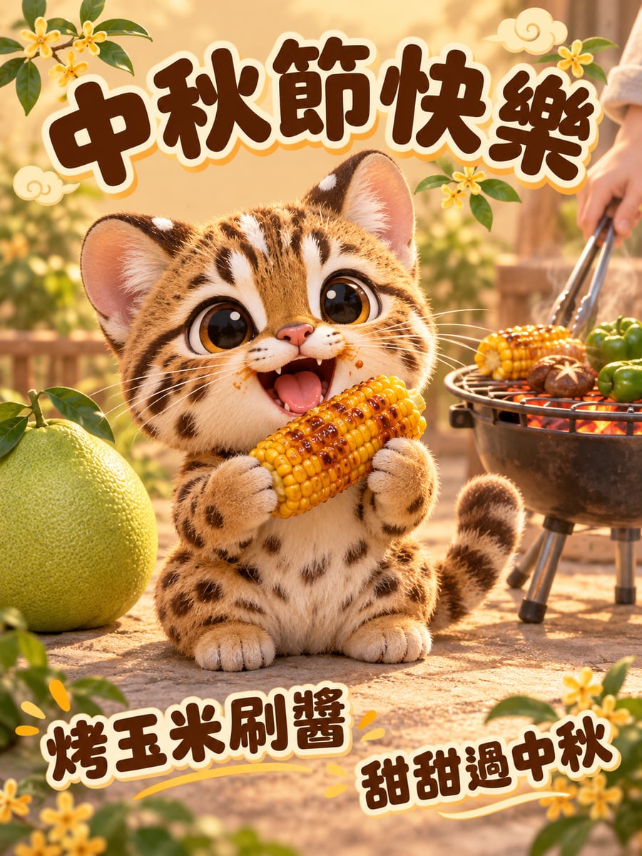 石虎抱烤玉米。圖中文字：中秋節快樂，烤玉米刷醬，甜甜過中秋