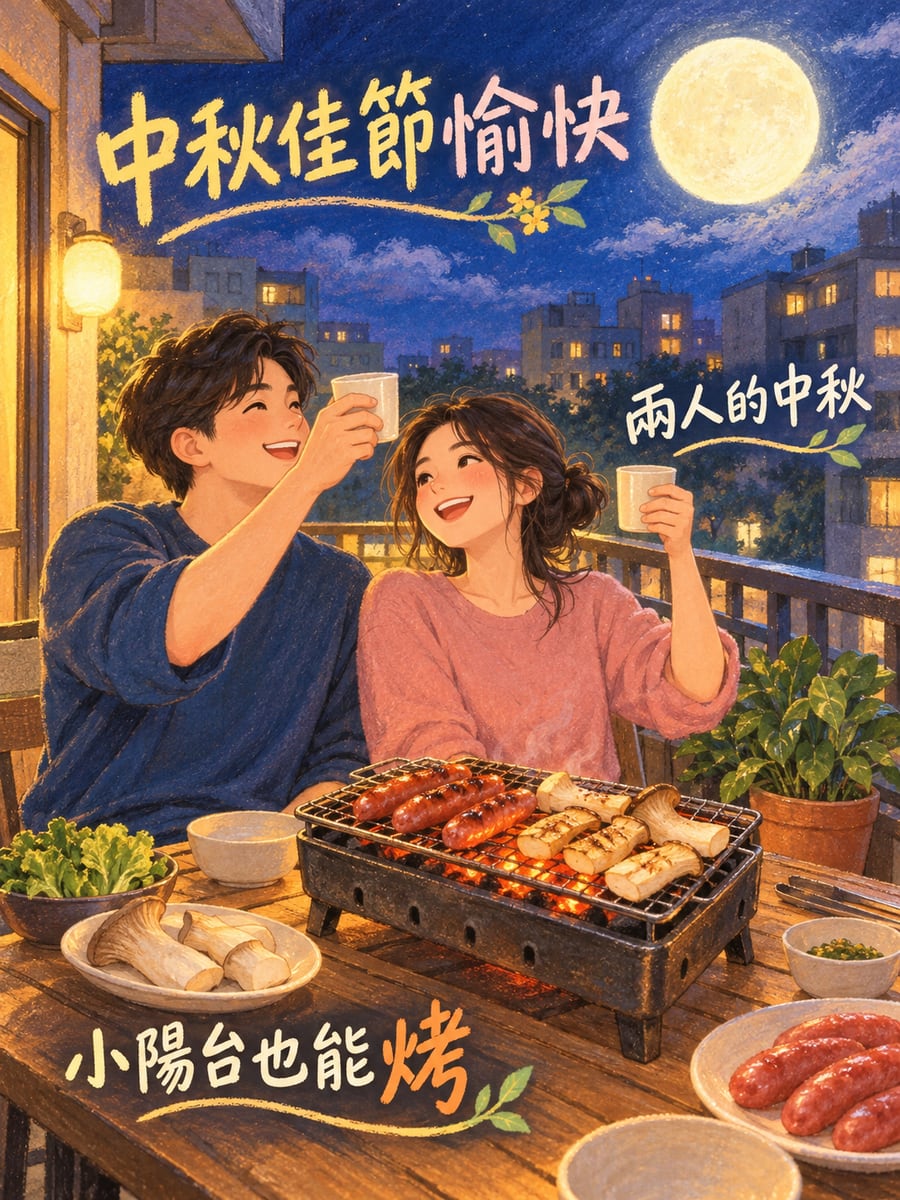 小陽台的兩人烤肉。圖中文字：中秋佳節愉快，小陽台也能烤，兩人的中秋