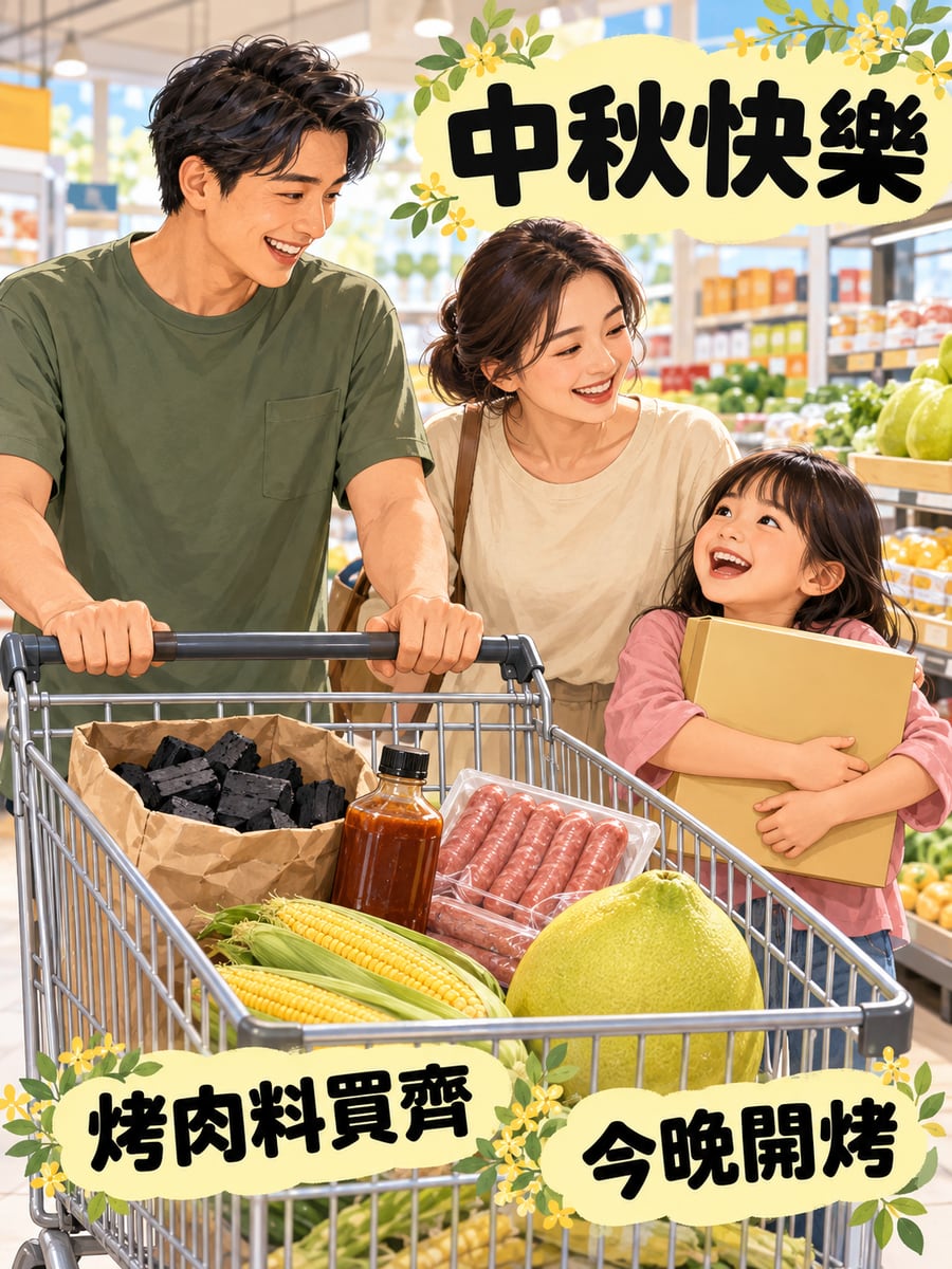 量販店買烤肉料。圖中文字：中秋快樂，烤肉料買齊，今晚開烤