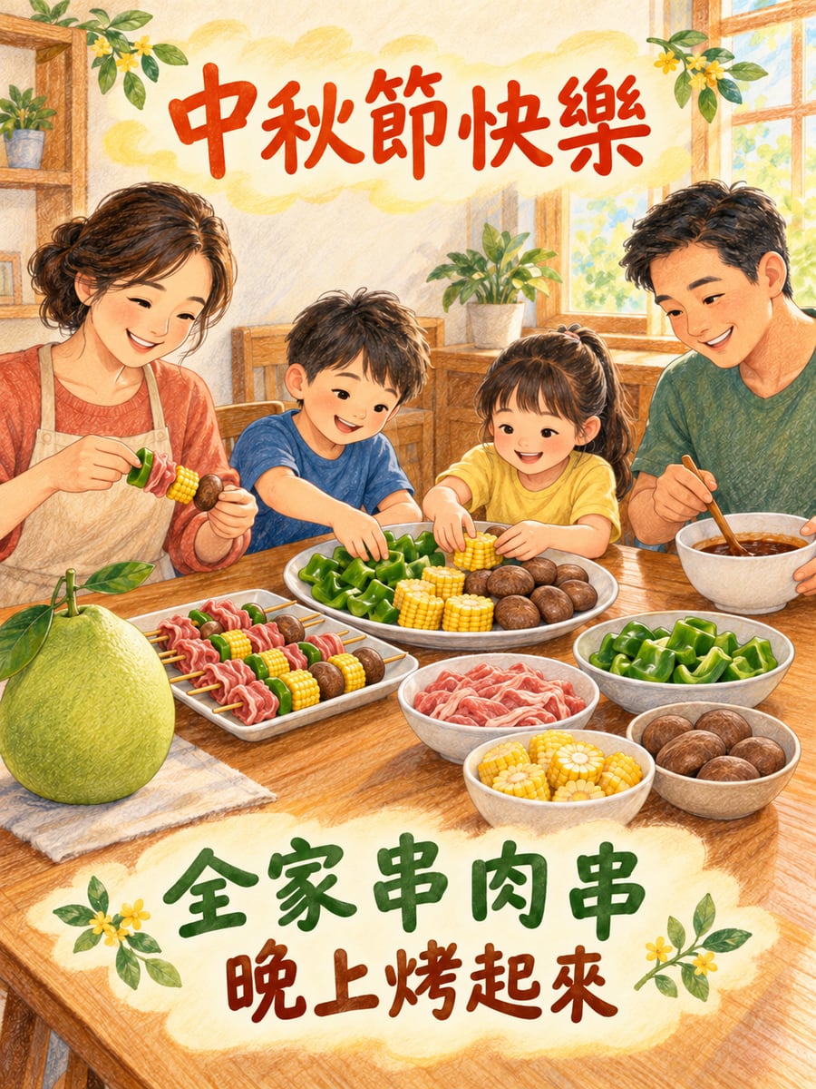 全家串烤肉串。圖中文字：中秋節快樂，全家串肉串，晚上烤起來