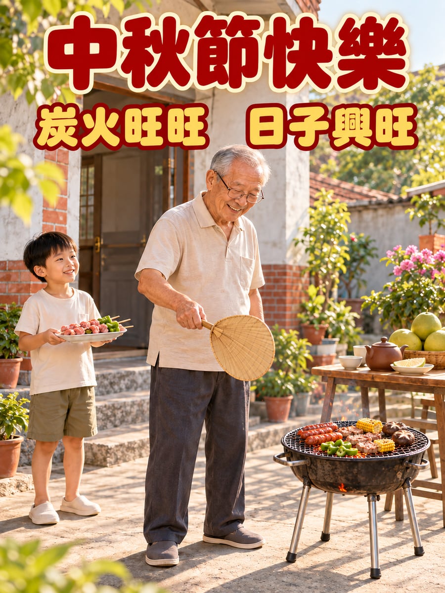 阿公搧炭火。圖中文字：中秋節快樂，炭火旺旺，日子興旺