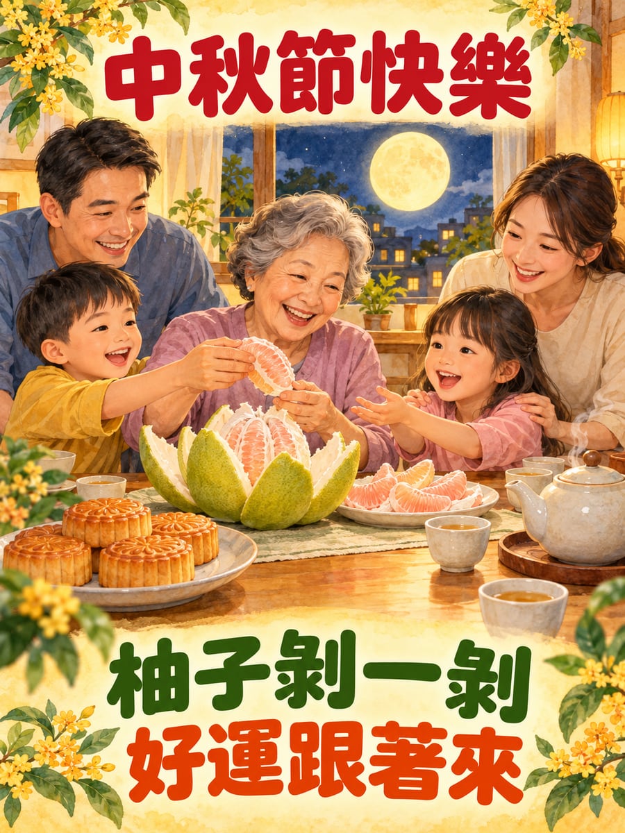 全家剝柚子。圖中文字：中秋節快樂，柚子剝一剝，好運跟著來