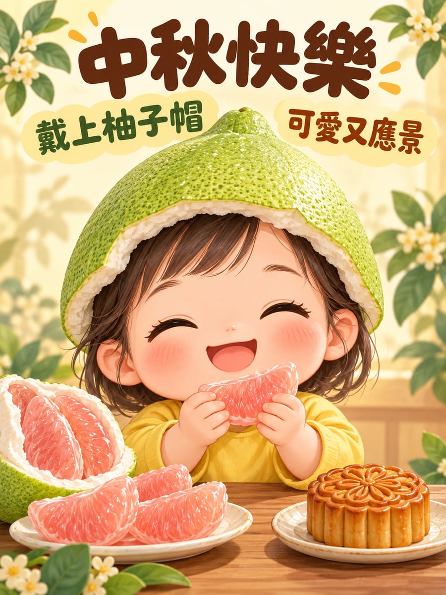 戴柚子帽的小朋友。圖中文字：中秋快樂，戴上柚子帽，可愛又應景