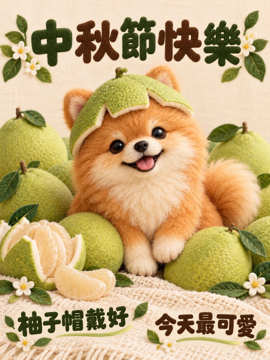 博美戴柚子帽。圖中文字：中秋節快樂，柚子帽戴好，今天最可愛
