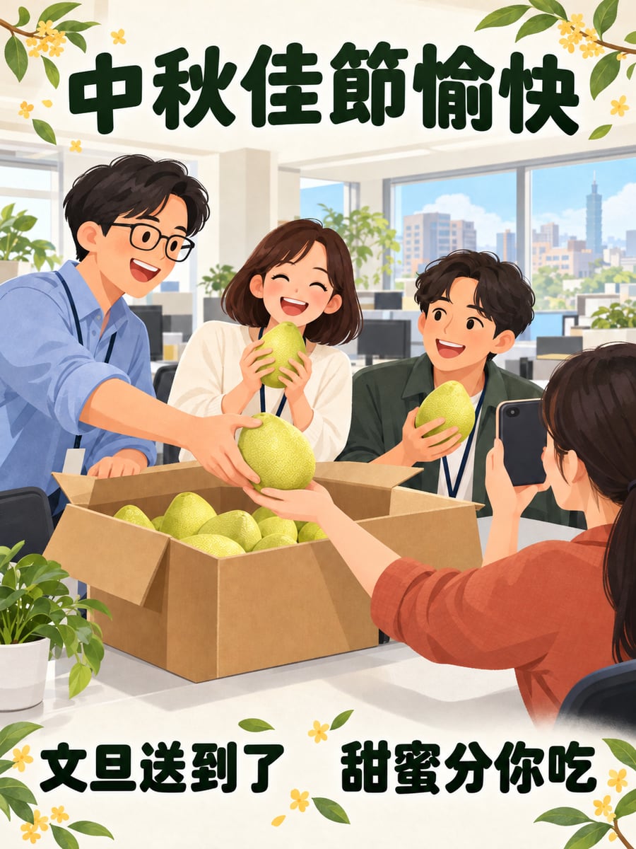 宅配到辦公室的文旦。圖中文字：中秋佳節愉快，文旦送到了，甜蜜分你吃
