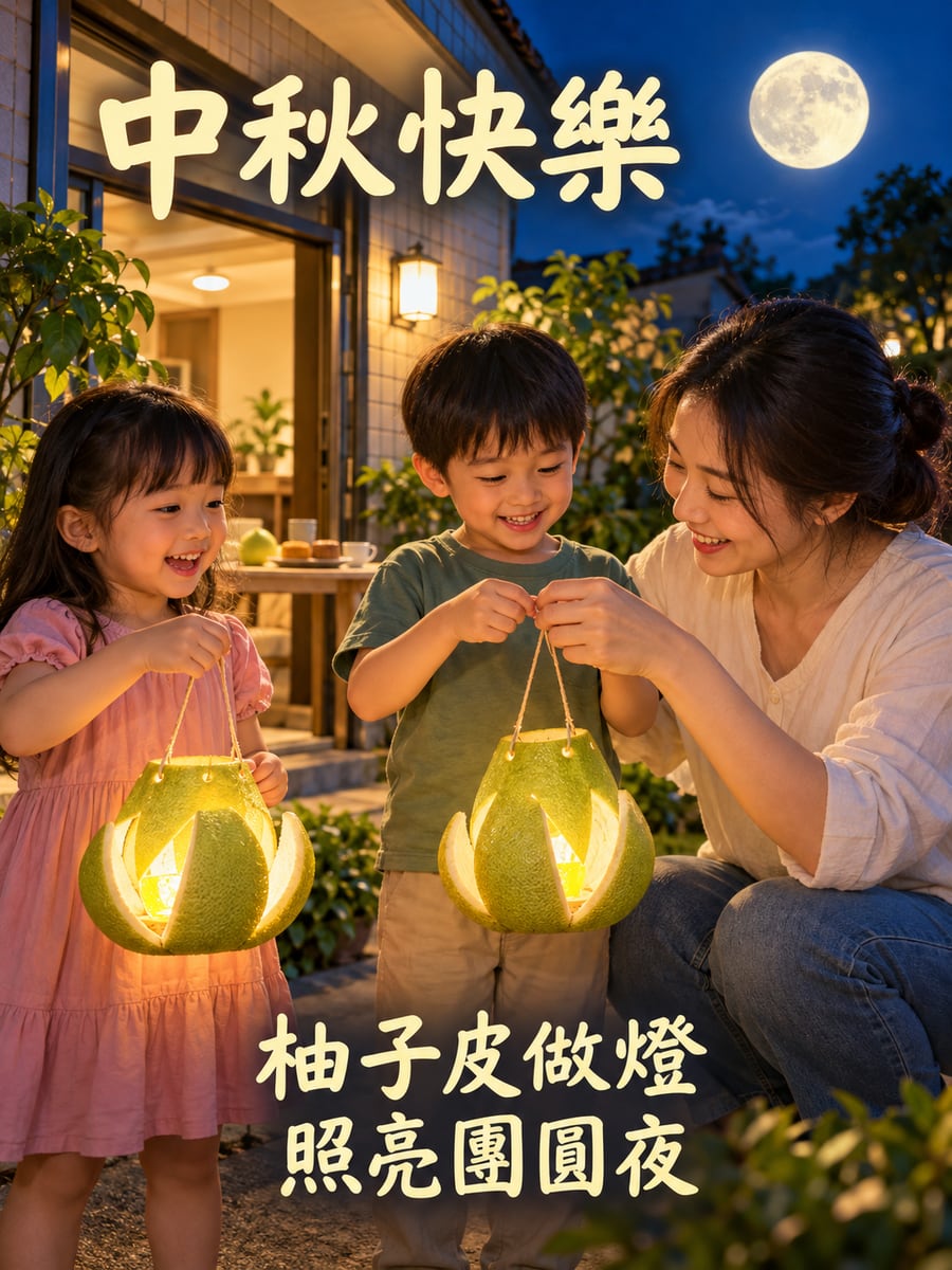 柚子皮小燈。圖中文字：中秋快樂，柚子皮做燈，照亮團圓夜