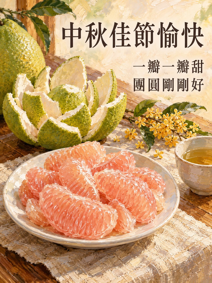 一瓣一瓣的柚子。圖中文字：中秋佳節愉快，一瓣一瓣甜，團圓剛剛好