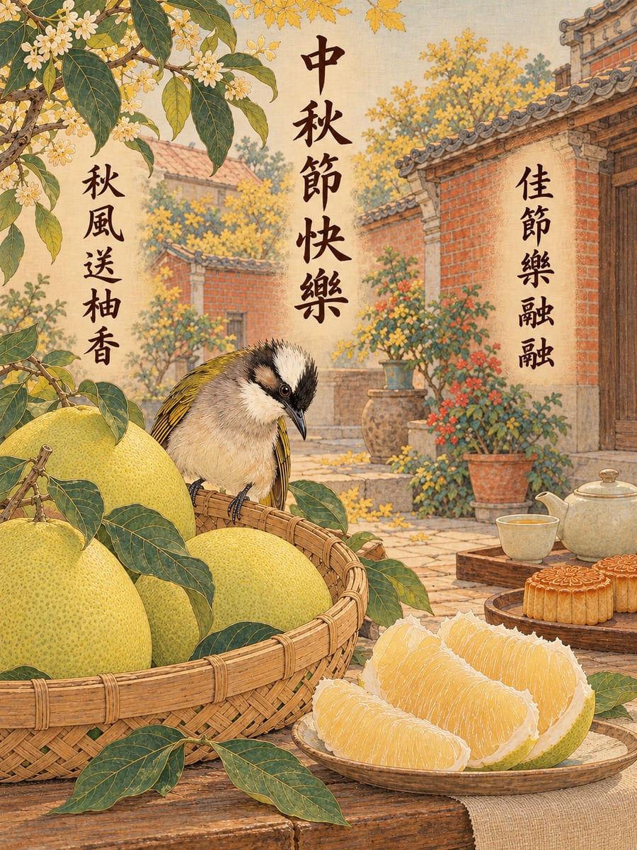 白頭翁與柚子籃。圖中文字：中秋節快樂，秋風送柚香，佳節樂融融