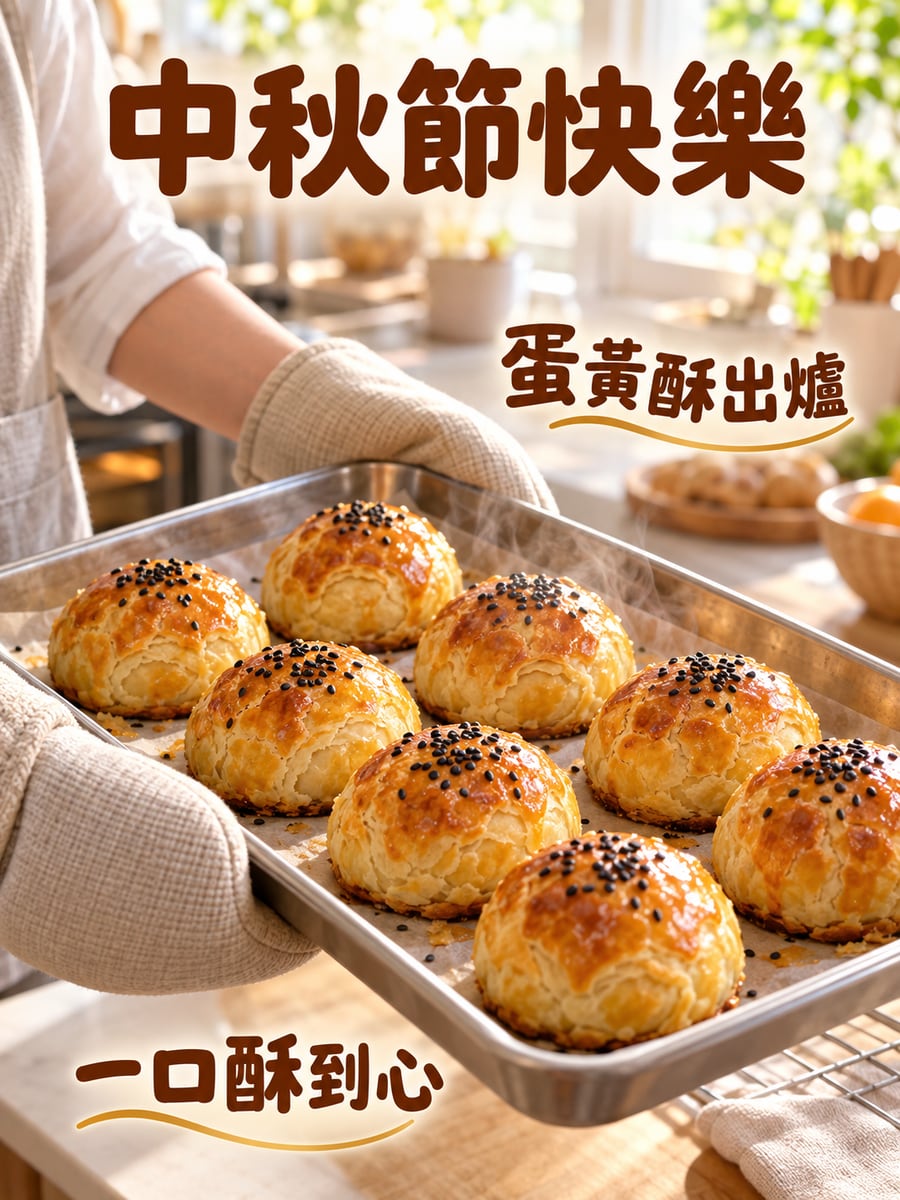 蛋黃酥出爐。圖中文字：中秋節快樂，蛋黃酥出爐，一口酥到心