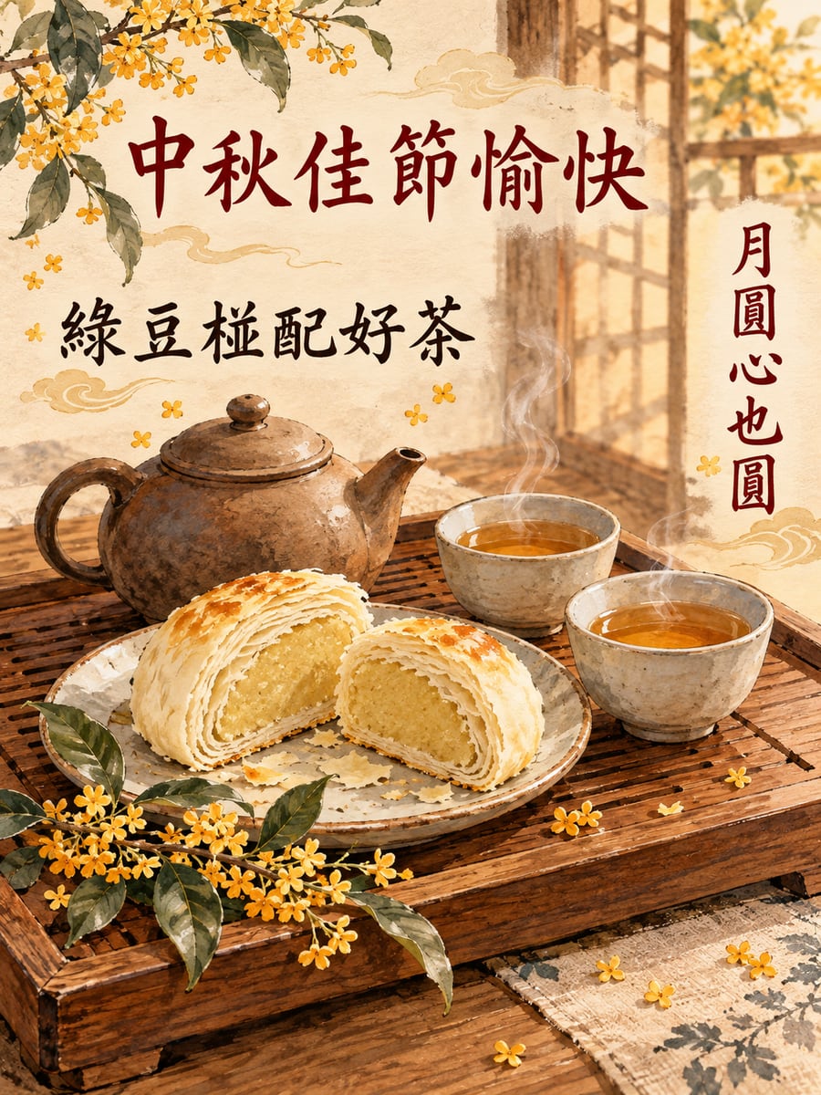 綠豆椪配烏龍茶。圖中文字：中秋佳節愉快，綠豆椪配好茶，月圓心也圓