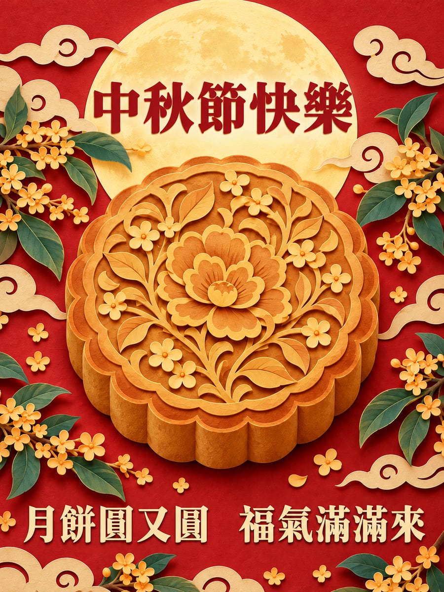 剪紙風廣式月餅。圖中文字：中秋節快樂，月餅圓又圓，福氣滿滿來