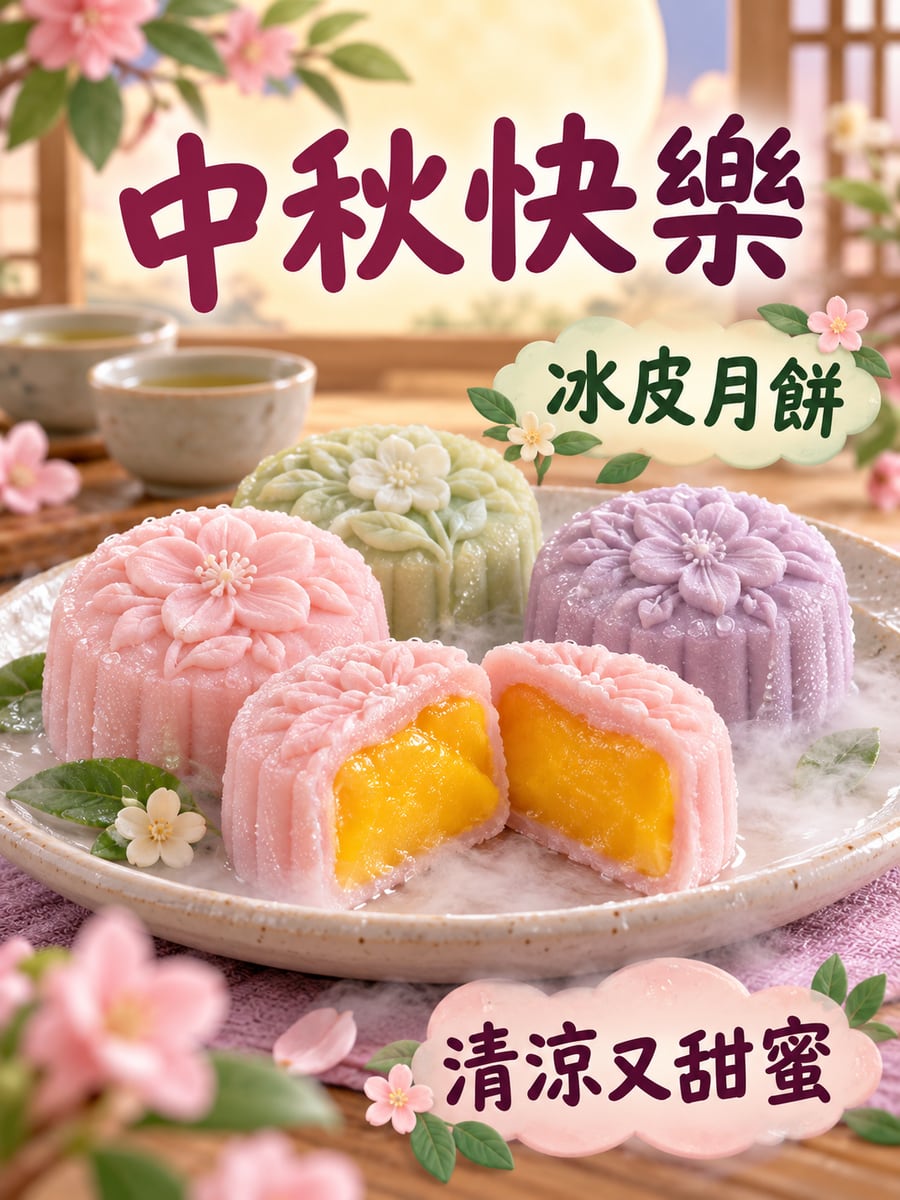 冰皮月餅。圖中文字：中秋快樂，冰皮月餅，清涼又甜蜜