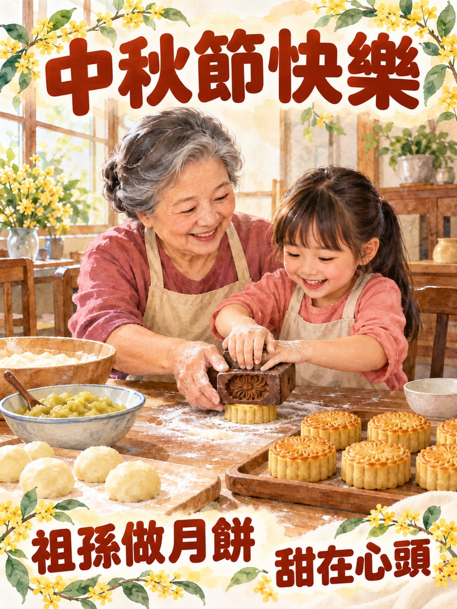 祖孫一起做月餅。圖中文字：中秋節快樂，祖孫做月餅，甜在心頭