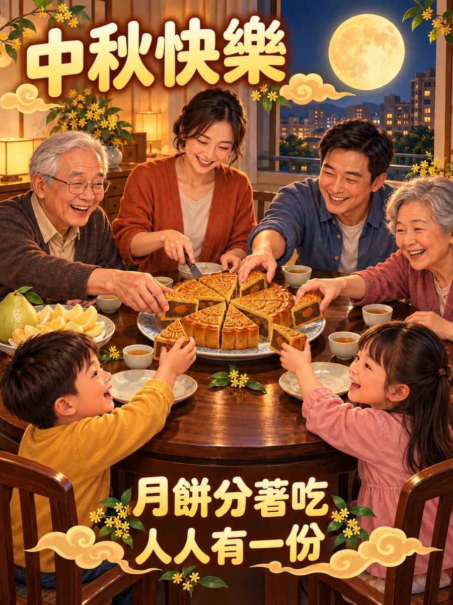 一個月餅大家分。圖中文字：中秋快樂，月餅分著吃，人人有一份