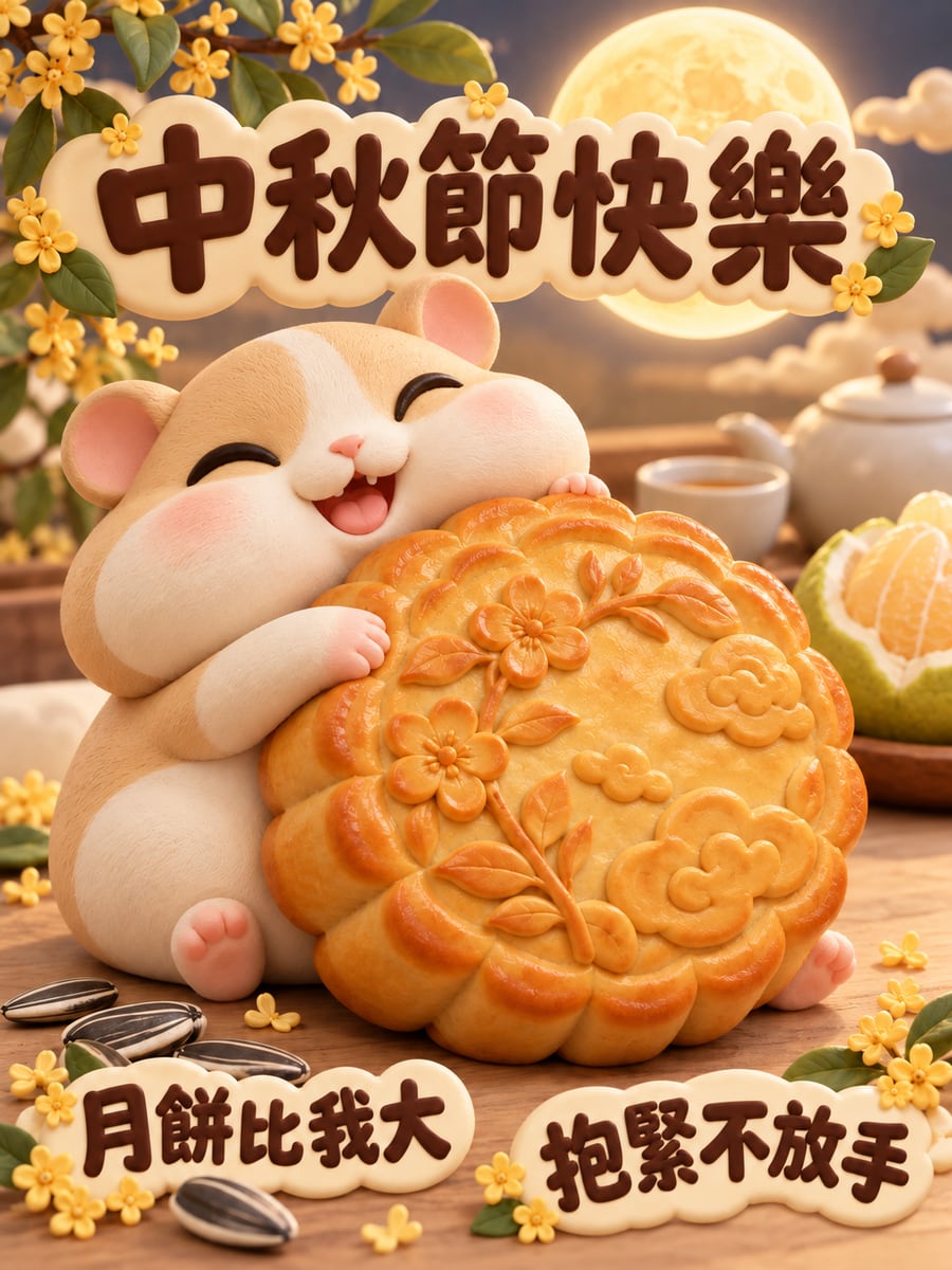 倉鼠抱月餅。圖中文字：中秋節快樂，月餅比我大，抱緊不放手