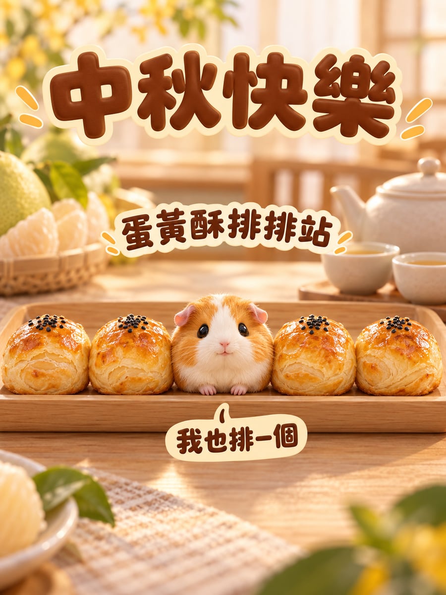 天竺鼠混進蛋黃酥裡。圖中文字：中秋快樂，蛋黃酥排排站，我也排一個