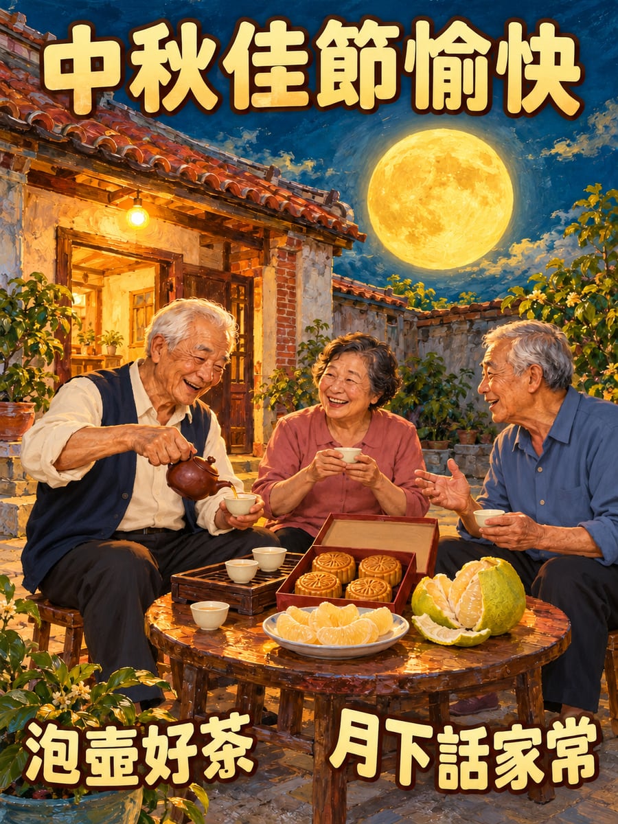 月下泡茶話家常。圖中文字：中秋佳節愉快，泡壺好茶，月下話家常