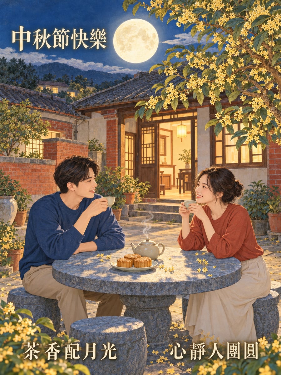 庭院茶香配月光。圖中文字：中秋節快樂，茶香配月光，心靜人團圓