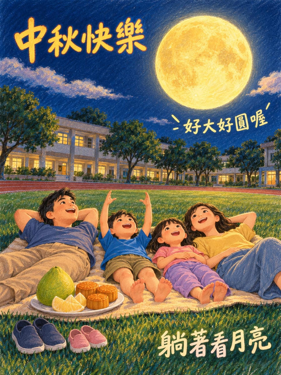 躺在操場看月亮。圖中文字：中秋快樂，躺著看月亮，好大好圓喔