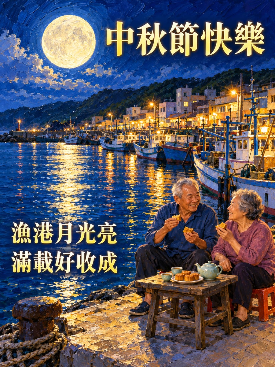 漁港的月光。圖中文字：中秋節快樂，漁港月光亮，滿載好收成