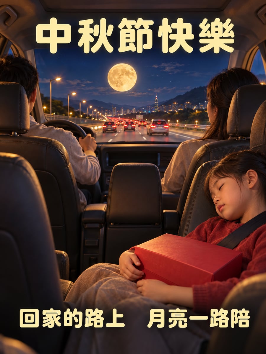 返鄉路上的月亮。圖中文字：中秋節快樂，回家的路上，月亮一路陪