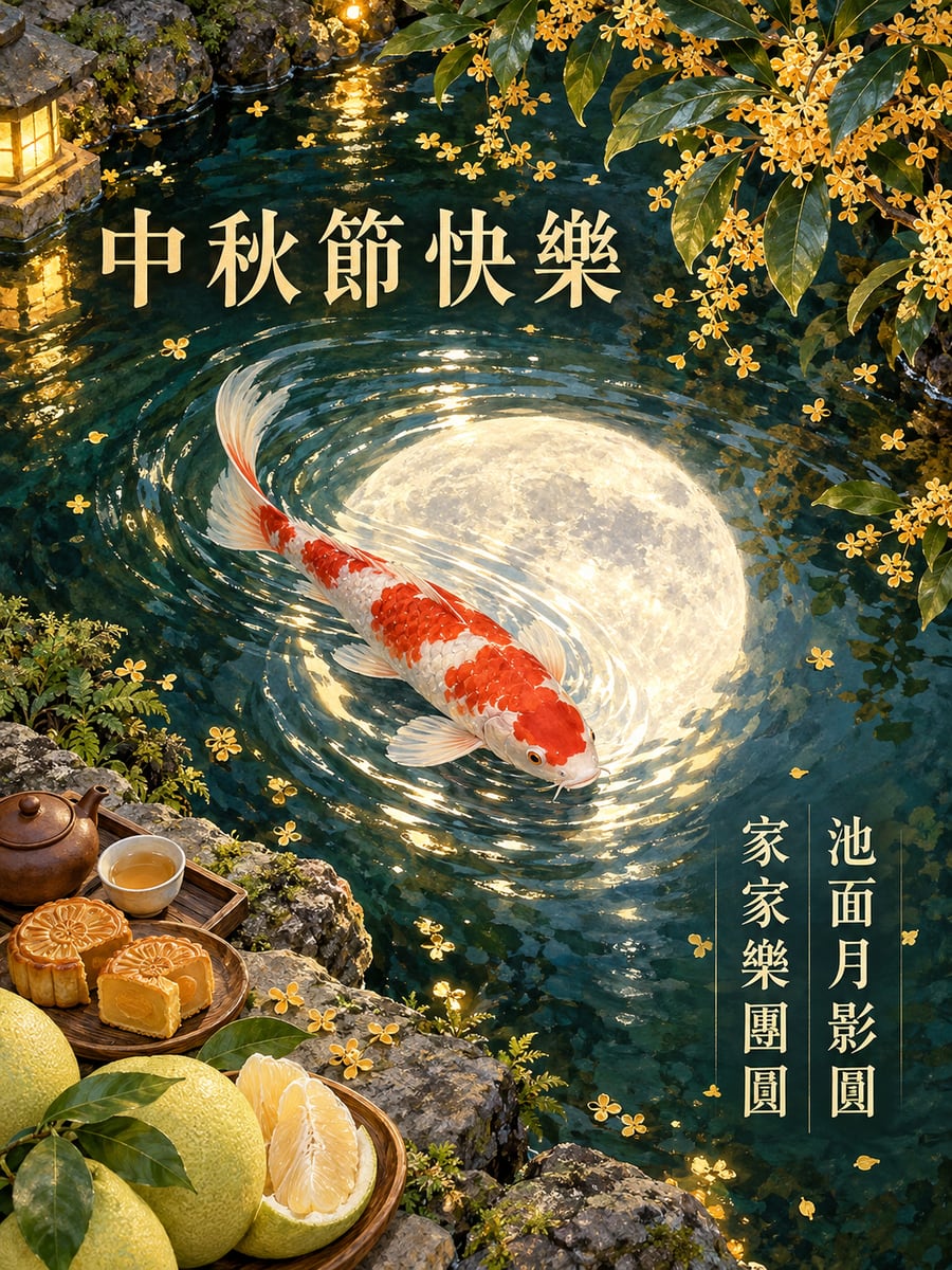 錦鯉池的月影。圖中文字：中秋節快樂，池面月影圓，家家樂團圓