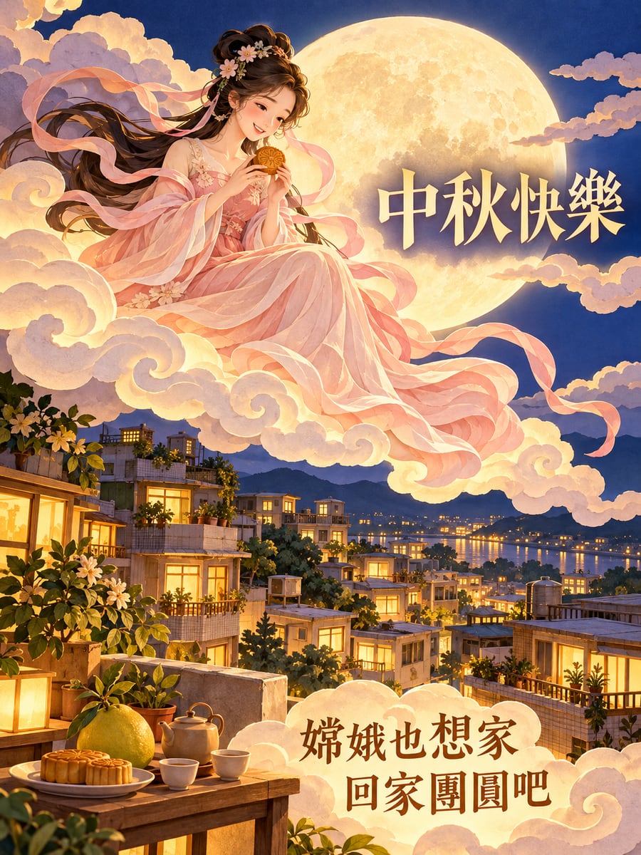 童話風嫦娥也想家。圖中文字：中秋快樂，嫦娥也想家，回家團圓吧