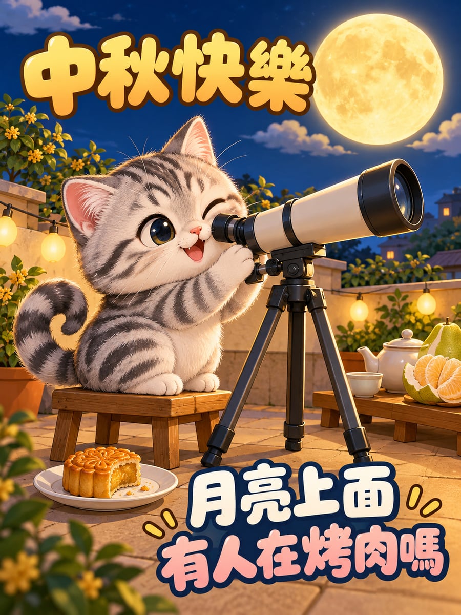 美短貓用望遠鏡看月亮。圖中文字：中秋快樂，月亮上面，有人在烤肉嗎