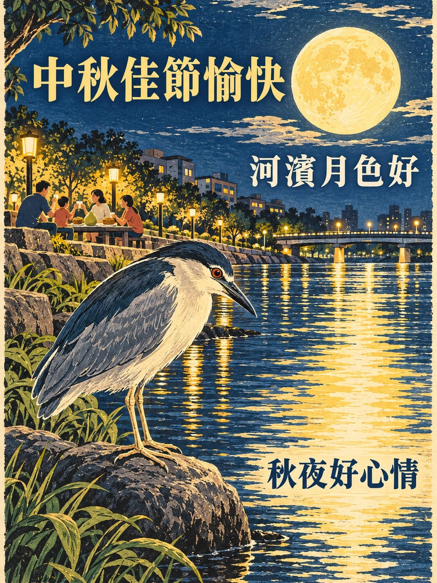 夜鷺與河濱月光。圖中文字：中秋佳節愉快，河濱月色好，秋夜好心情