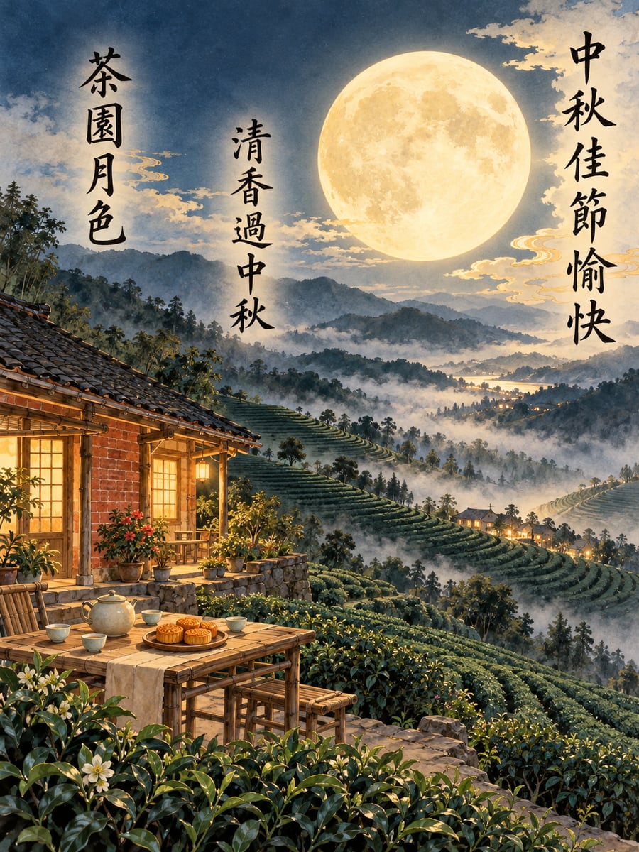 茶園月色。圖中文字：中秋佳節愉快，茶園月色，清香過中秋