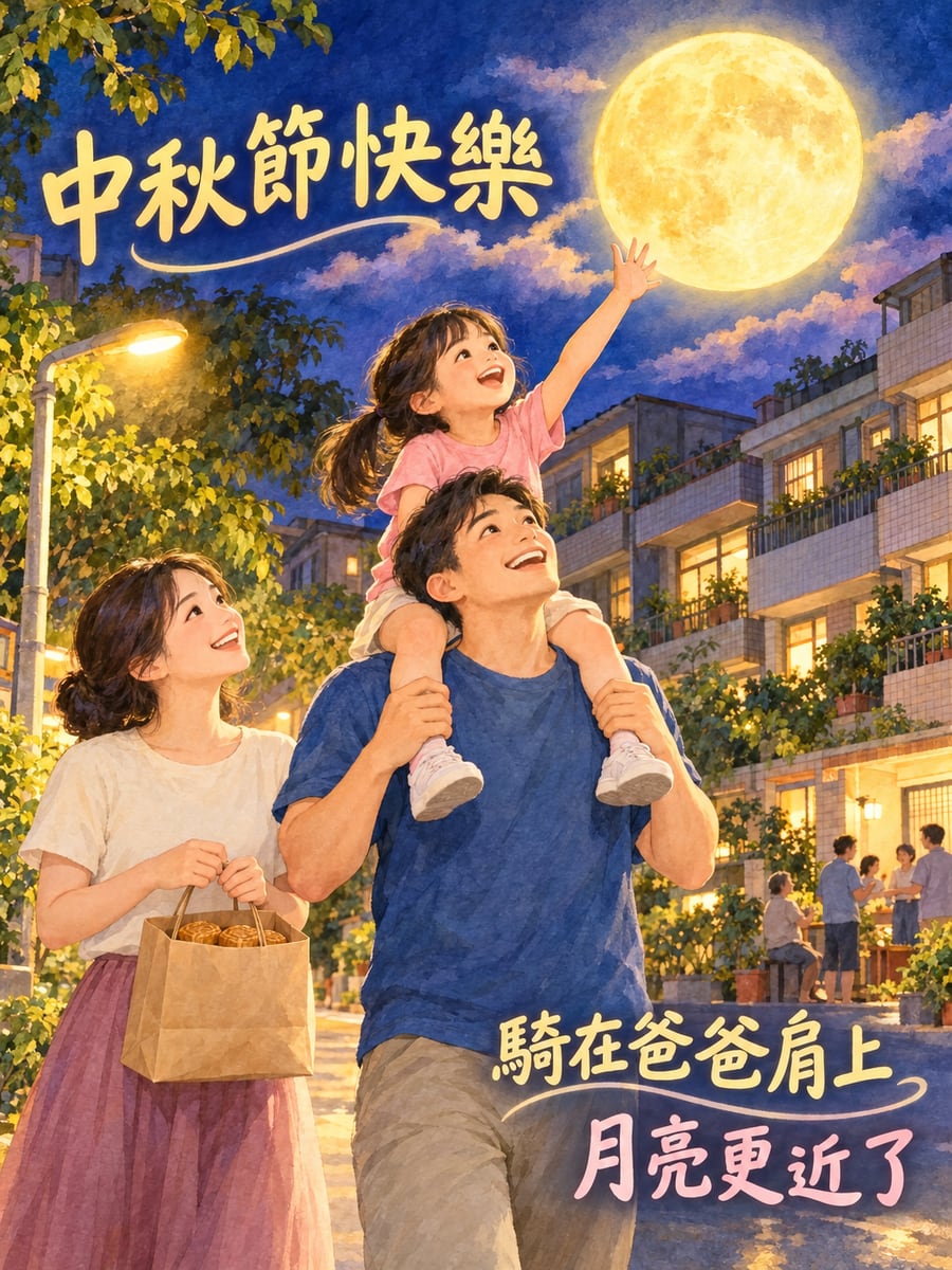 坐在爸爸肩上看月亮。圖中文字：中秋節快樂，騎在爸爸肩上，月亮更近了