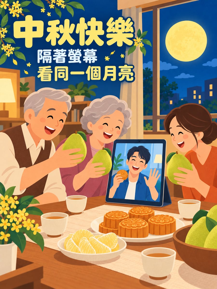 視訊團圓。圖中文字：中秋快樂，隔著螢幕，看同一個月亮