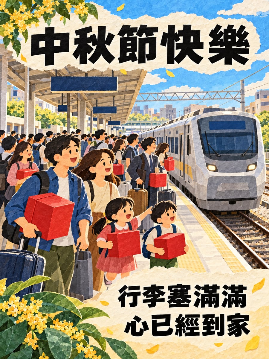 月台返鄉人潮。圖中文字：中秋節快樂，行李塞滿滿，心已經到家