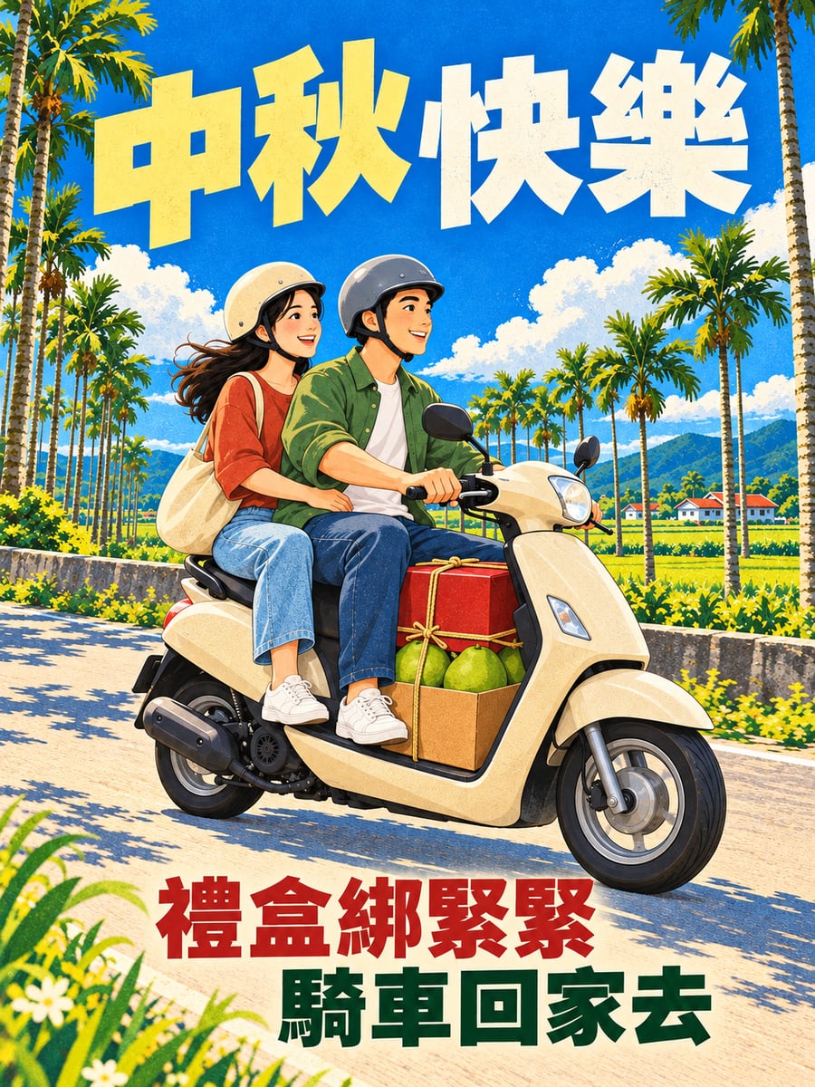 機車載禮盒返鄉。圖中文字：中秋快樂，禮盒綁緊緊，騎車回家去