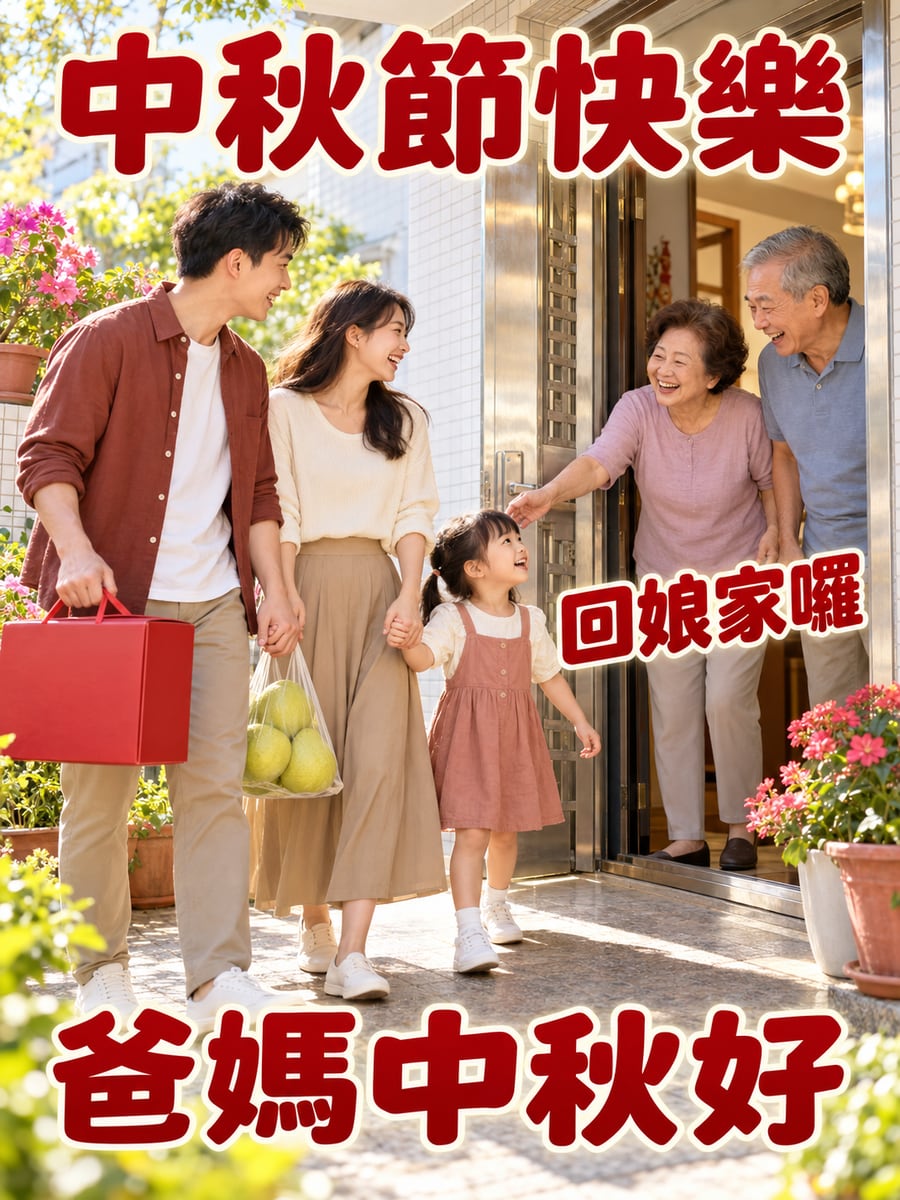 提禮盒回娘家。圖中文字：中秋節快樂，回娘家囉，爸媽中秋好