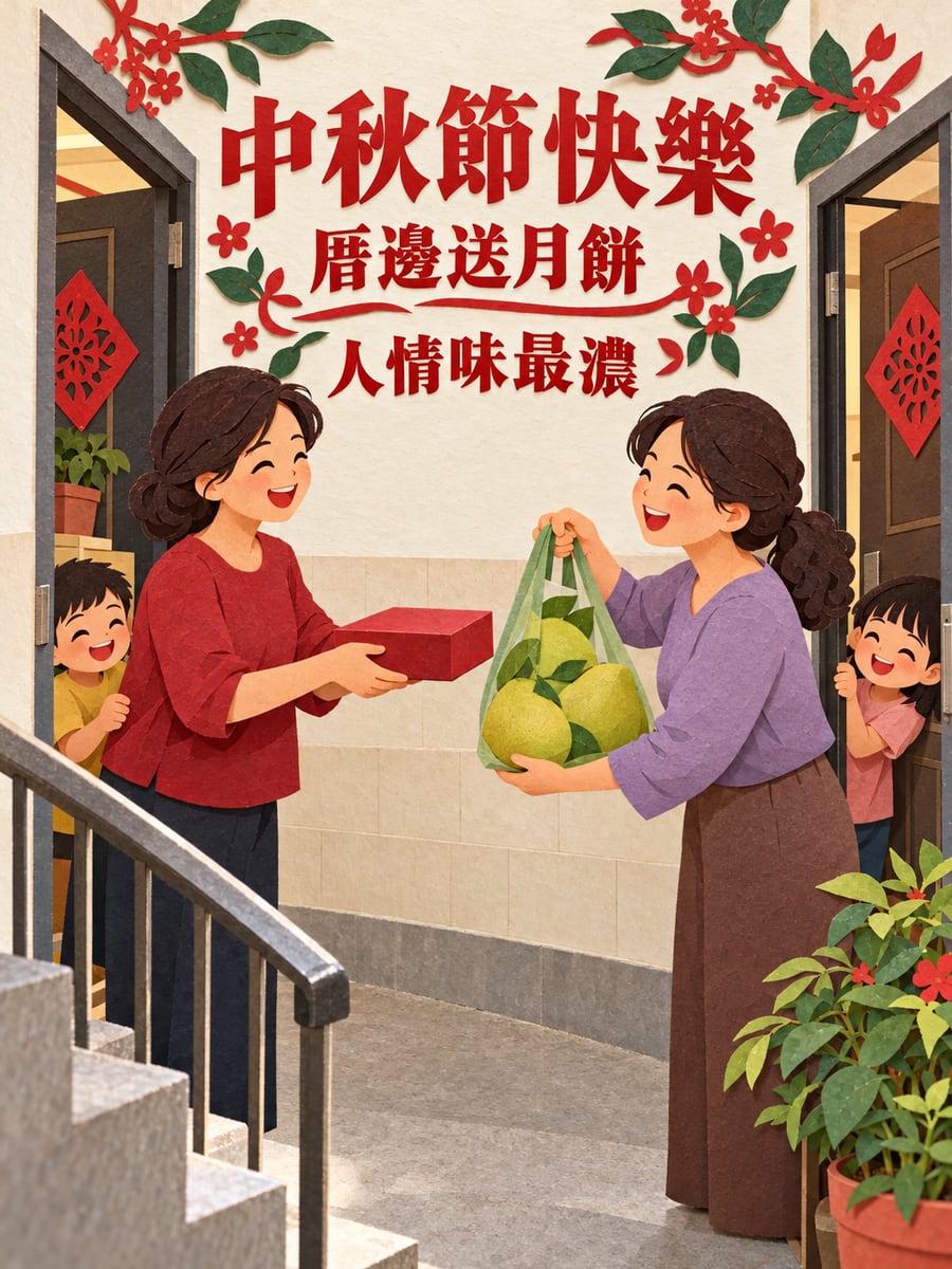 厝邊送月餅。圖中文字：中秋節快樂，厝邊送月餅，人情味最濃