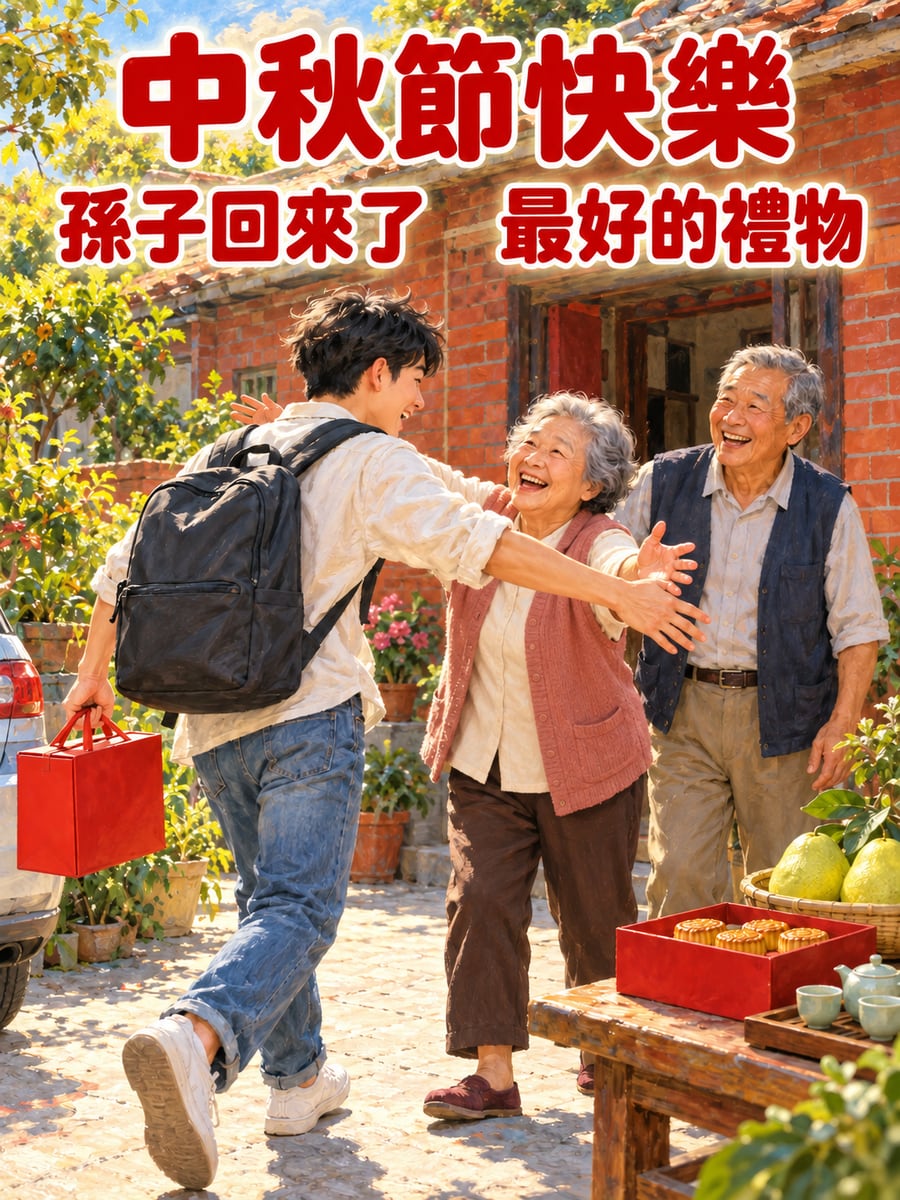 孫子回來了。圖中文字：中秋節快樂，孫子回來了，最好的禮物