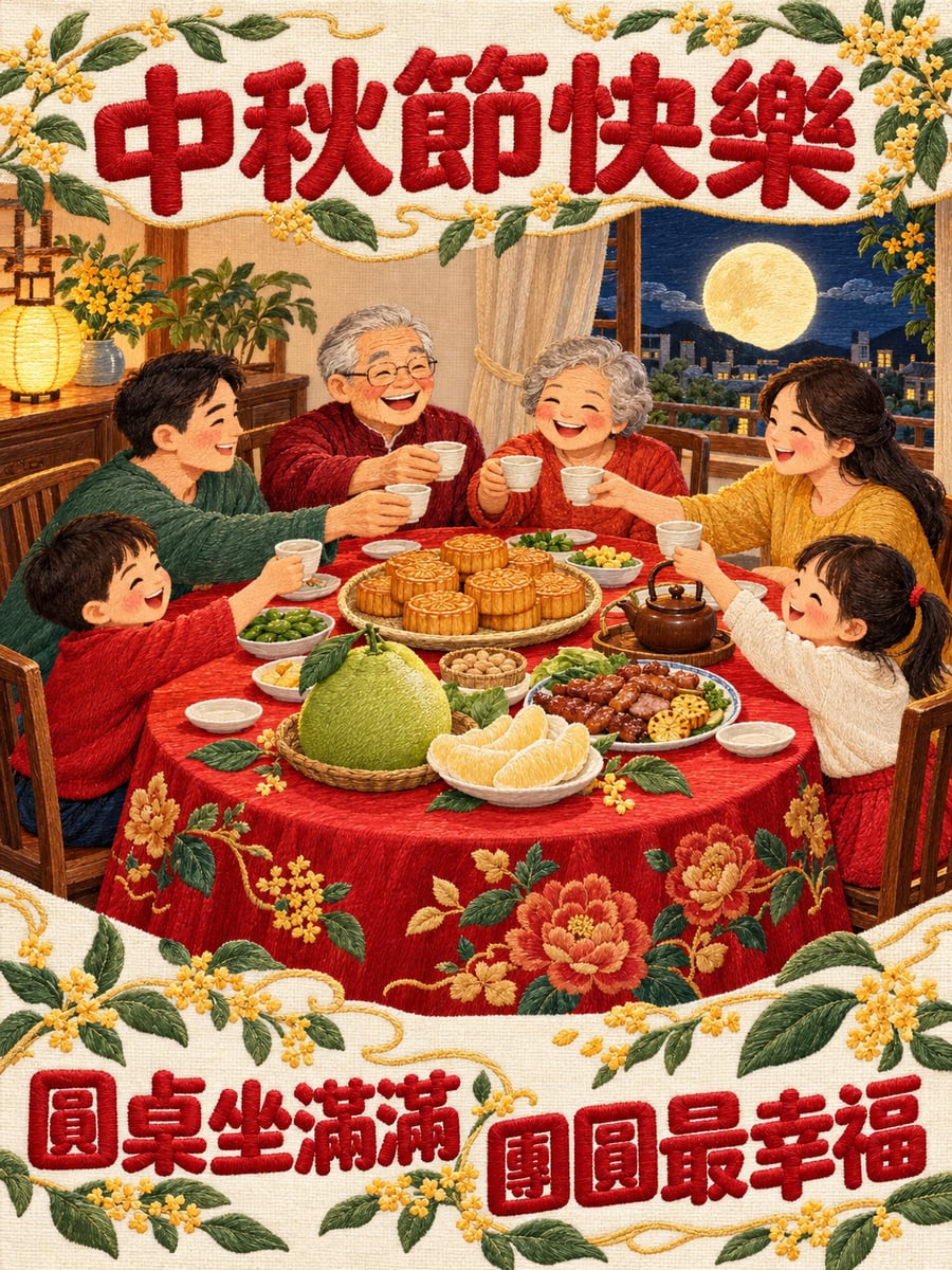 圓桌坐滿滿。圖中文字：中秋節快樂，圓桌坐滿滿，團圓最幸福