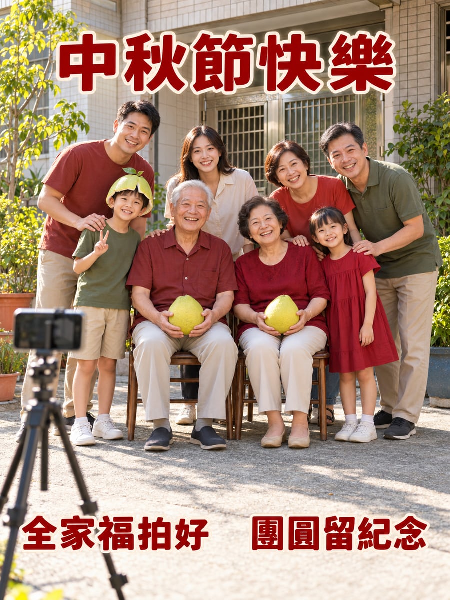 中秋全家福。圖中文字：中秋節快樂，全家福拍好，團圓留紀念