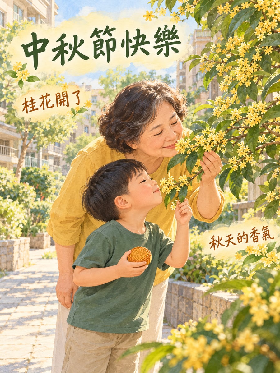 社區桂花開了。圖中文字：中秋節快樂，桂花開了，秋天的香氣