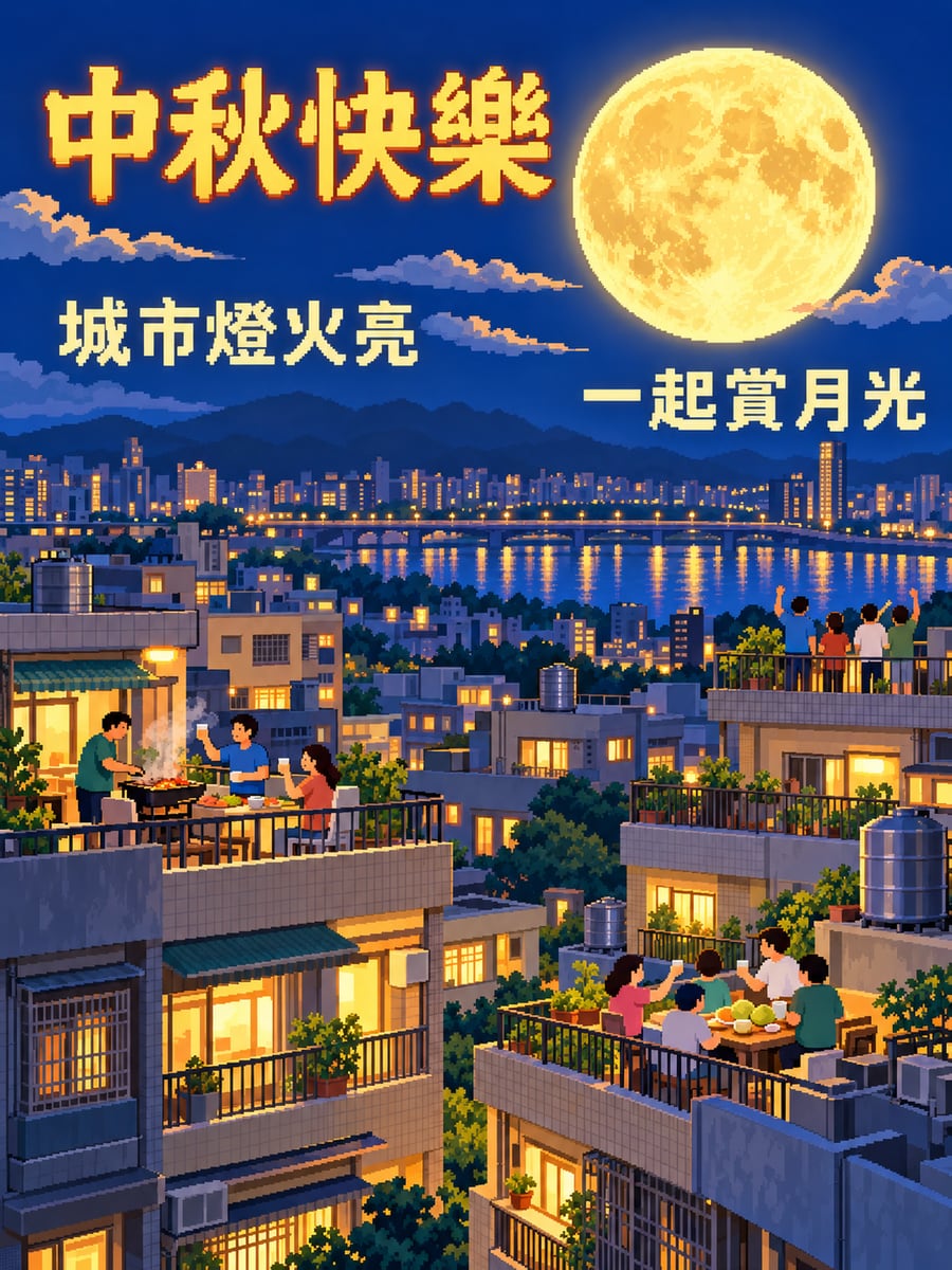 像素風城市賞月。圖中文字：中秋快樂，城市燈火亮，一起賞月光