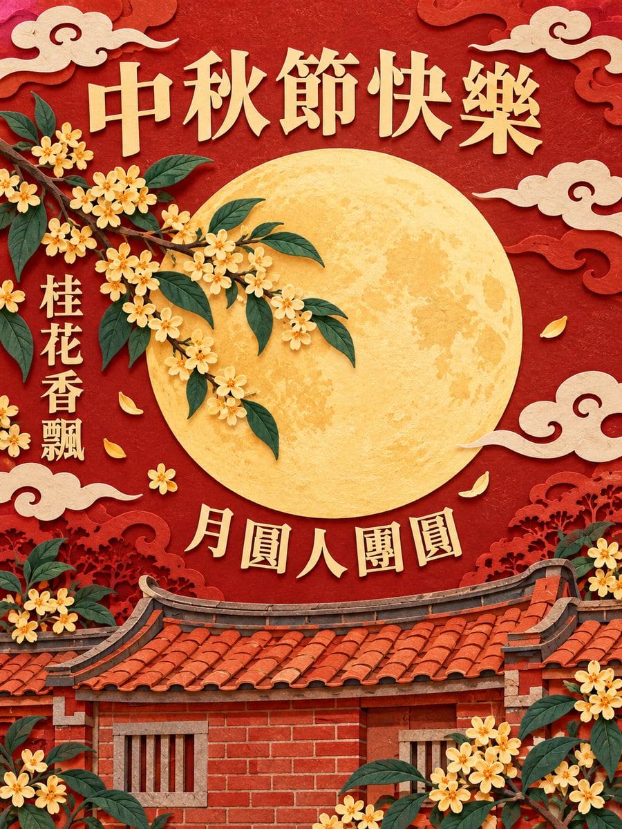 剪紙風桂花滿月。圖中文字：中秋節快樂，桂花香飄，月圓人團圓