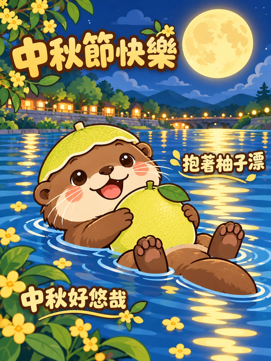 水獺抱柚子漂。圖中文字：中秋節快樂，抱著柚子漂，中秋好悠哉