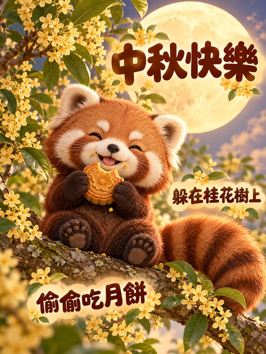 小貓熊在桂花樹上。圖中文字：中秋快樂，躲在桂花樹上，偷偷吃月餅