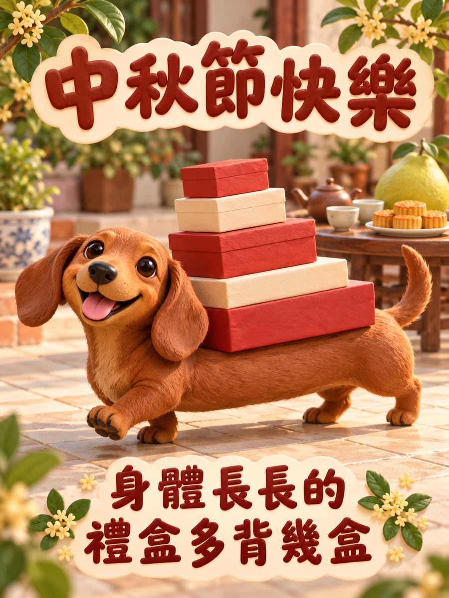 臘腸狗背禮盒。圖中文字：中秋節快樂，身體長長的，禮盒多背幾盒