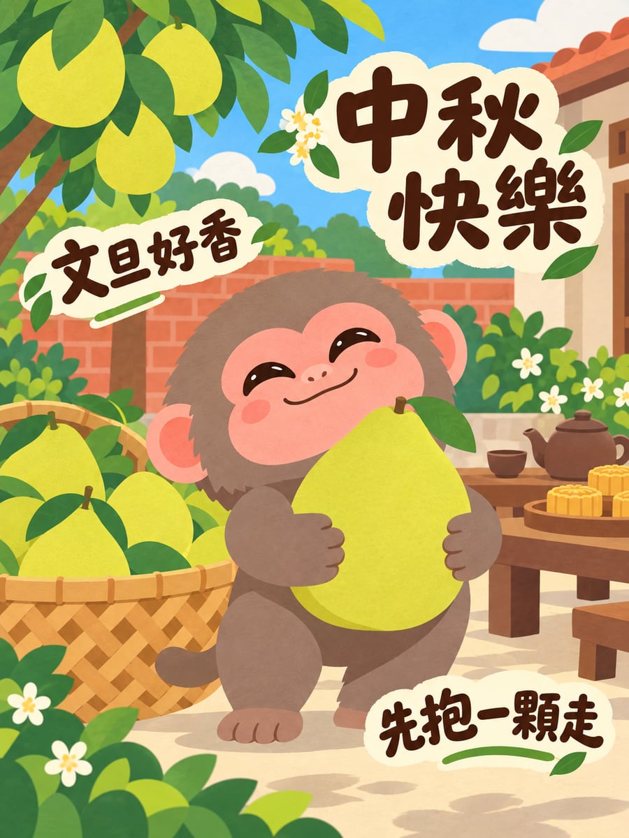 獼猴抱走文旦。圖中文字：中秋快樂，文旦好香，先抱一顆走