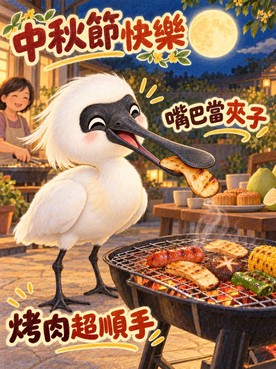 黑面琵鷺幫忙夾烤肉。圖中文字：中秋節快樂，嘴巴當夾子，烤肉超順手