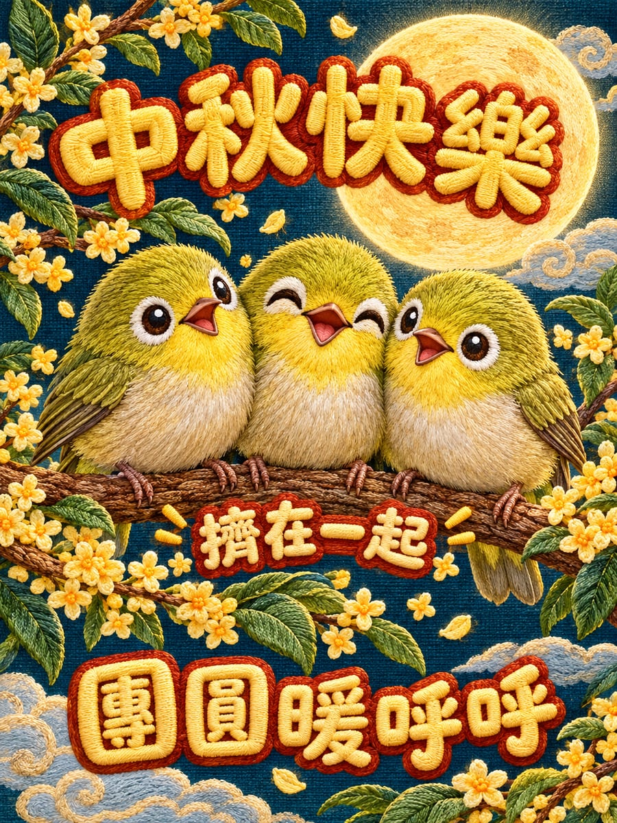 綠繡眼擠在桂花枝上。圖中文字：中秋快樂，擠在一起，團圓暖呼呼