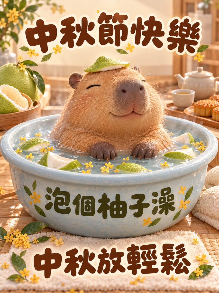 水豚泡柚子澡。圖中文字：中秋節快樂，泡個柚子澡，中秋放輕鬆